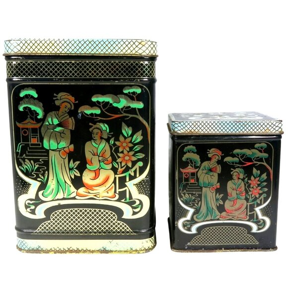 Chinoiserie Tole Tin Set of 2 Decorated Black Hinged Lid Box Vintage England - Picture 1 of 8